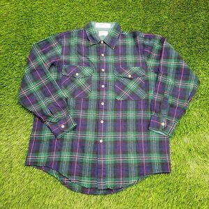 Vintage 90s Plaid Button Shirt Large 23x30 Green Flap-Pocket